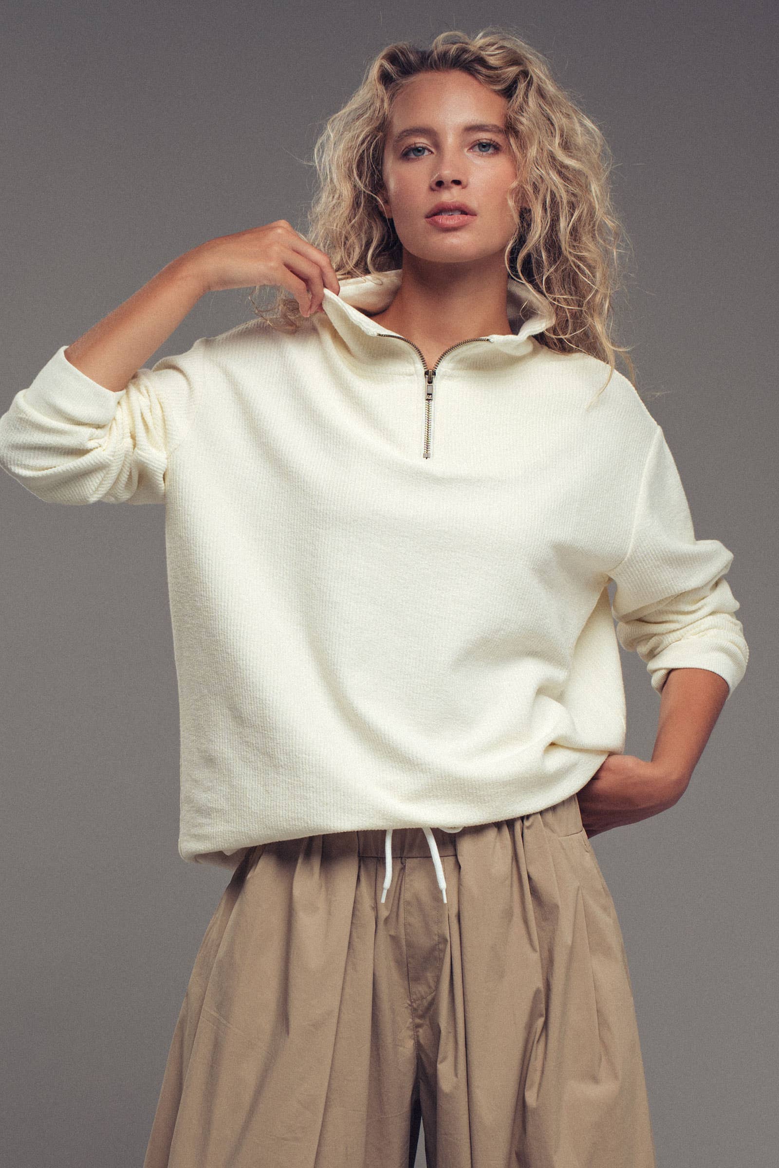 Urban Daizy Vintage Washed Quarter Zip Ribbed Sweatshirt Charcoal Sweatshirt - Women's (UDZ-KN-00255) – alternate view 9