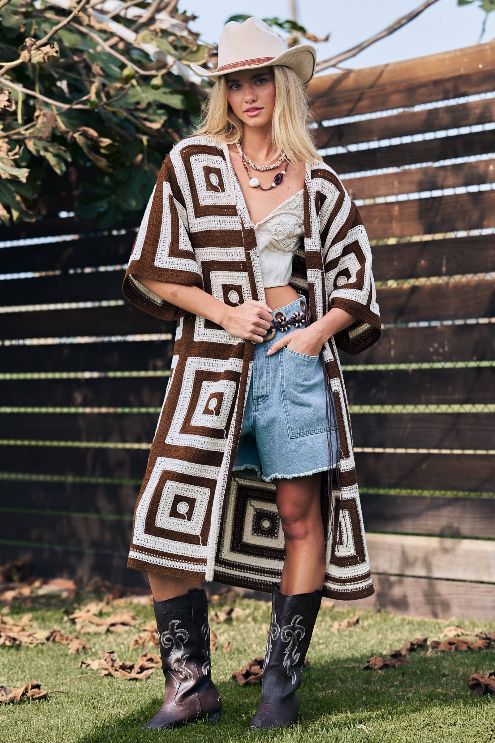 Geometric Granny Square Crochet Open Front Cardigan