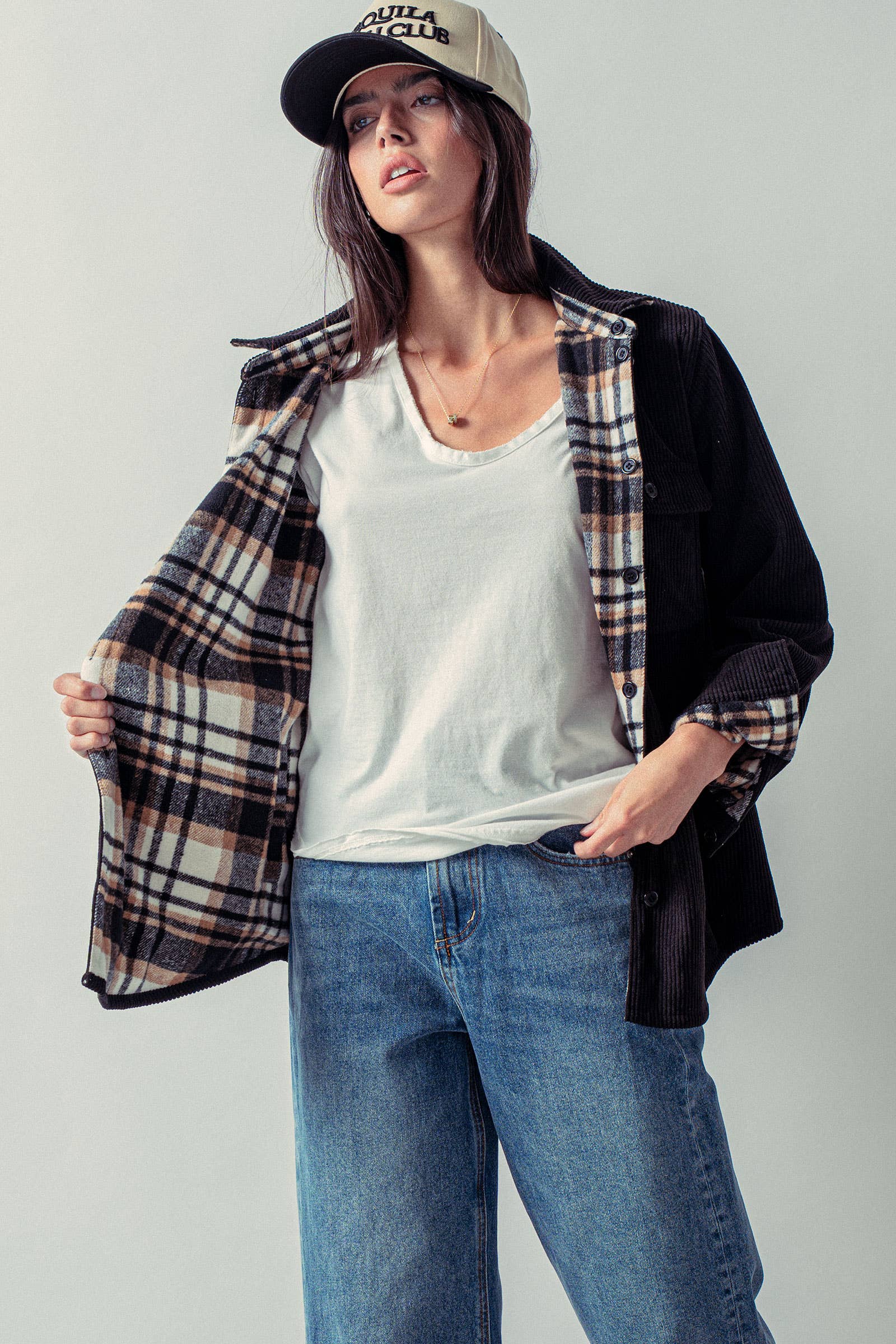 Urban Daizy Plaid Flannel-Lined Corduroy Shacket Taupe Shirt Jacket/Shacket - Women's (UDZ-KN-00150) – alternate view 19