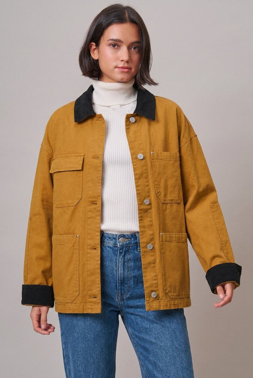 Oversized Utility Barn Jacket in CAMEL - Women's Jackets & Blazers | Urban Daizy