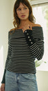 Off-Shoulder Striped Knit Top with Button Cuffs in BLACK - Women's Sweaters | Urban Daizy