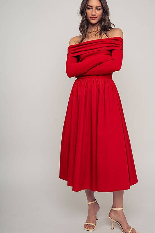 Urban Daizy Elegant Off Shoulder Ruched Long Sleeve Spring Midi Dress Red Dress - Women's (UDZ-DR-00366) – alternate view 13