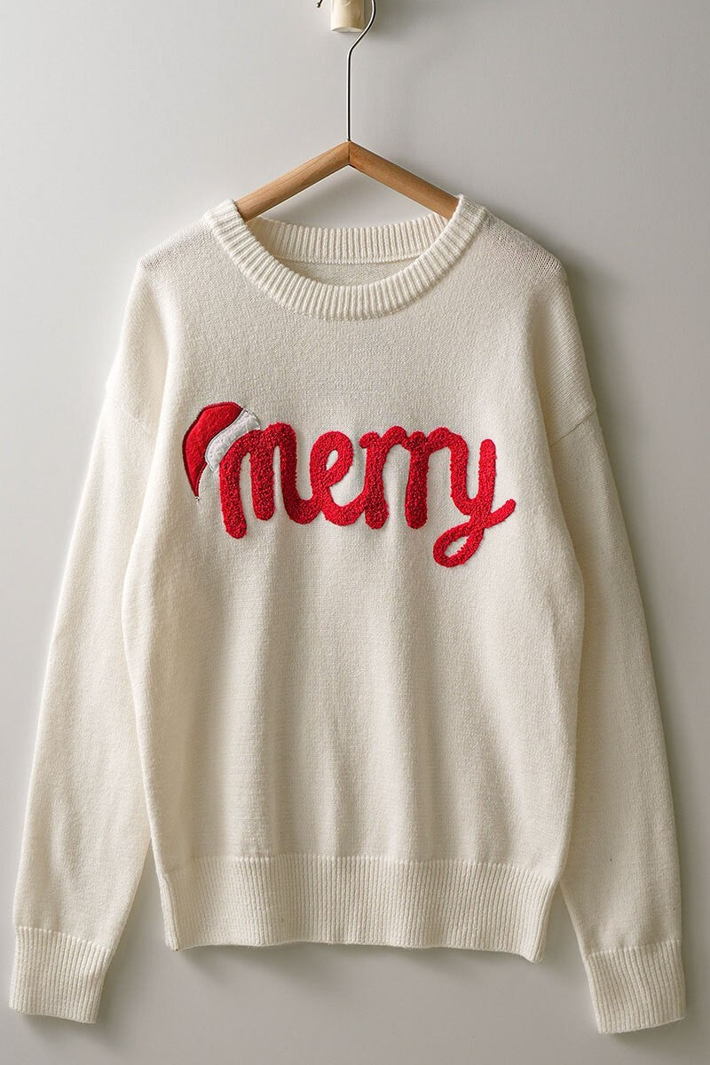 Jolly Script Embroidered Sweater in RED - Women's Sweaters | Urban Daizy