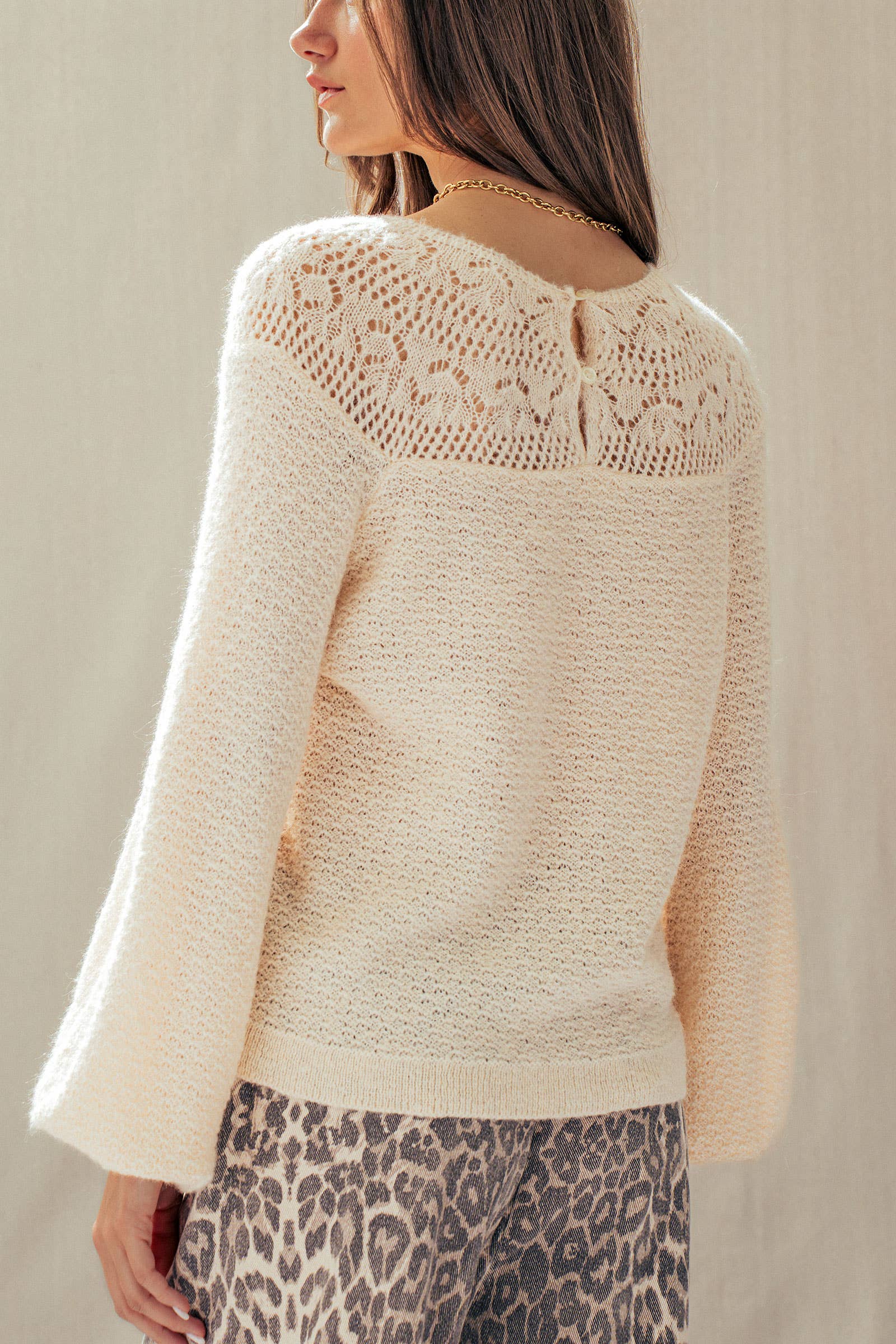 Lace Yoke Knit Blouson Sleeve Sweater