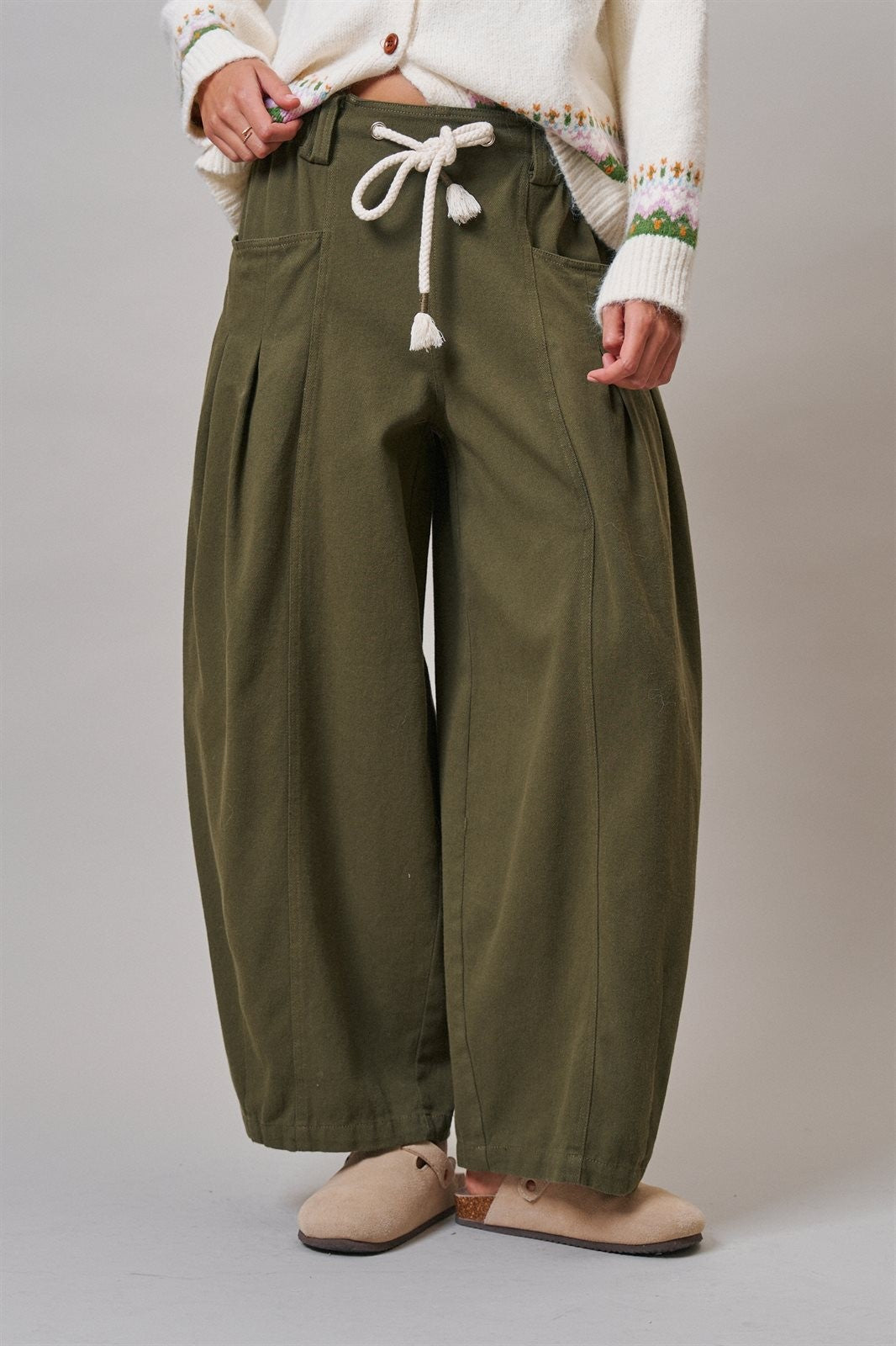 Pleated Wide-Leg Barrel Pant with Drawstring in OLIVE - Women's Casual Pants | Urban Daizy