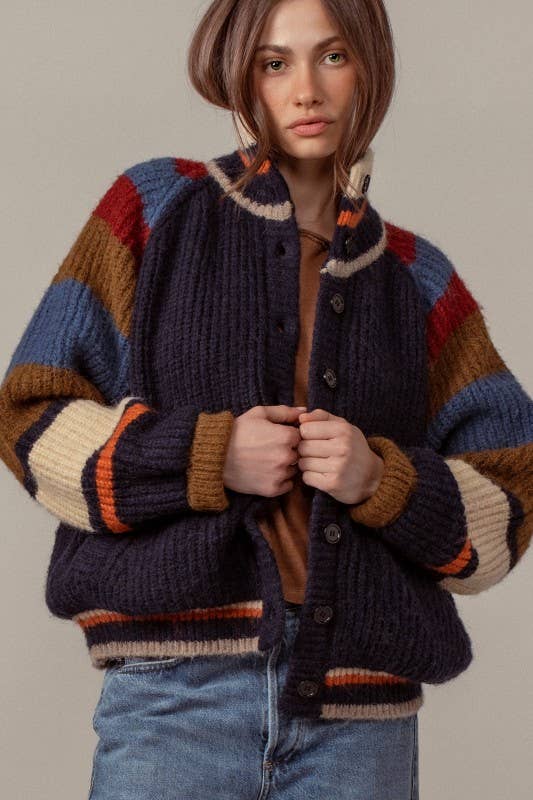 Urban Daizy Chunky Rib-Knit Faux Fur Lined Cardigan Navy Cardigan - Women's (UDZ-KN-00652) – alternate view 6