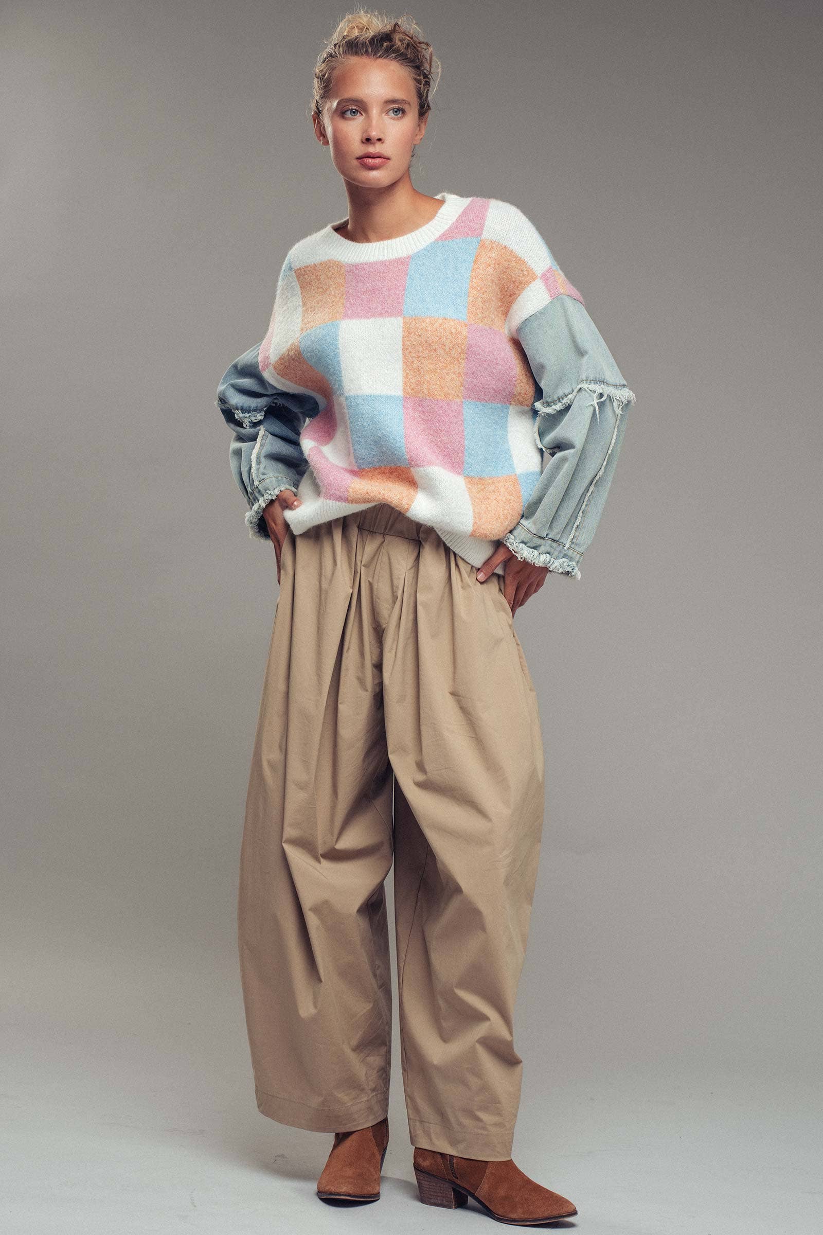 Urban Daizy Checkered Knit with Denim Sleeves Crewneck Sweater Blue-Combo Knit Sweater - Women's (UDZ-KN-00486) –…