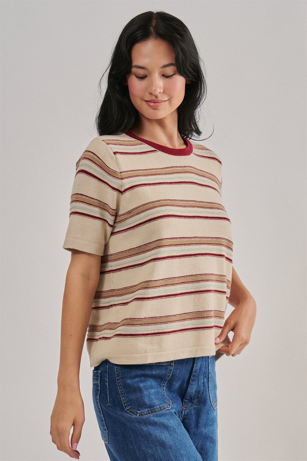 Striped Knit Tee Vintage 70s Retro Boho Coastal Top for Wome in IVORY - Women's T-Shirts & Polos | Urban Daizy