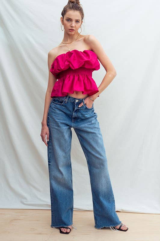 Urban Daizy Strapless Ruffle Smocked Waist Silky Peplum Top Black Blouse - Women's (UDZ-TP-00566) – alternate view 10