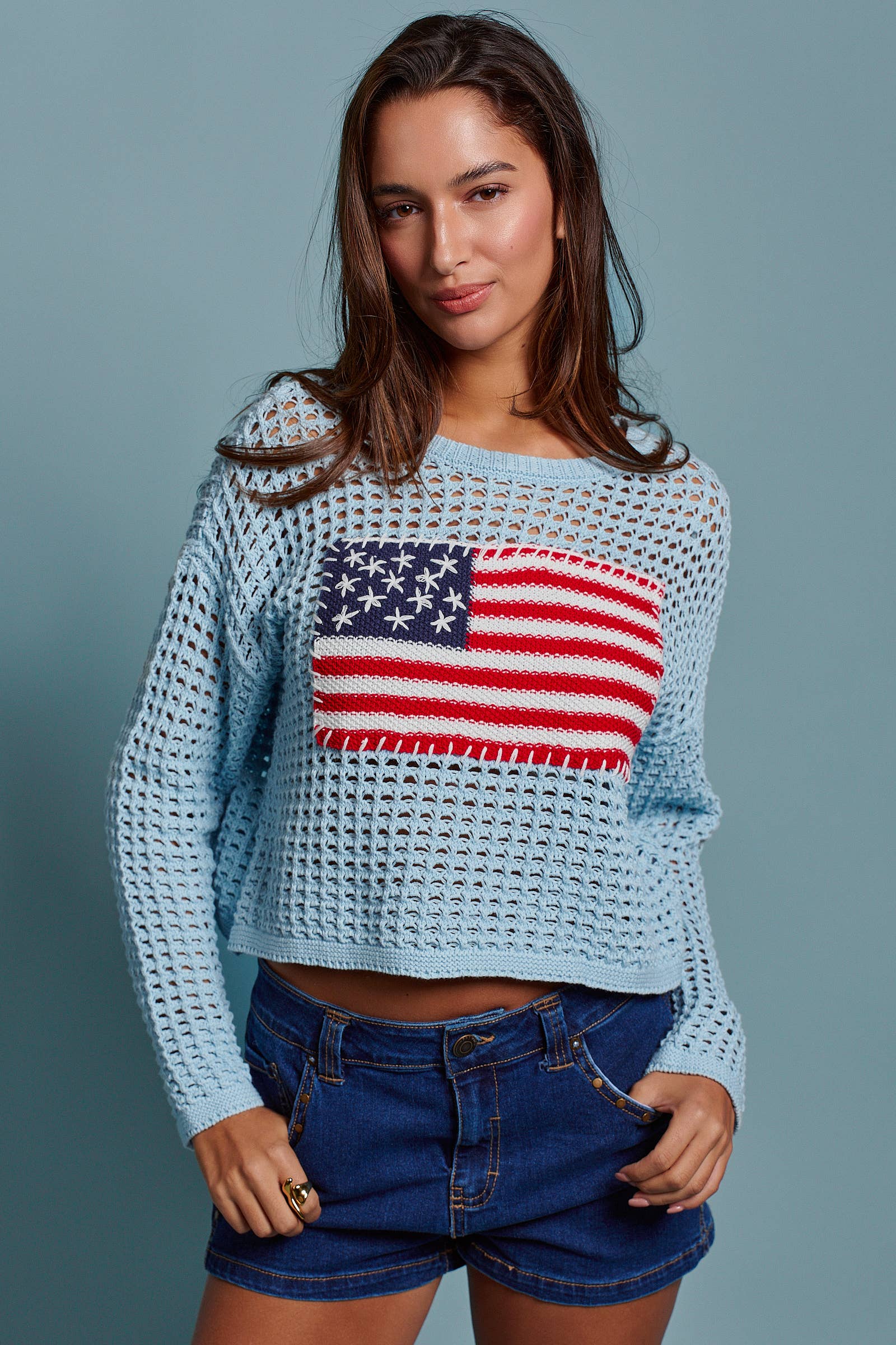 American Flag Patch Open Knit Cotton Sweater