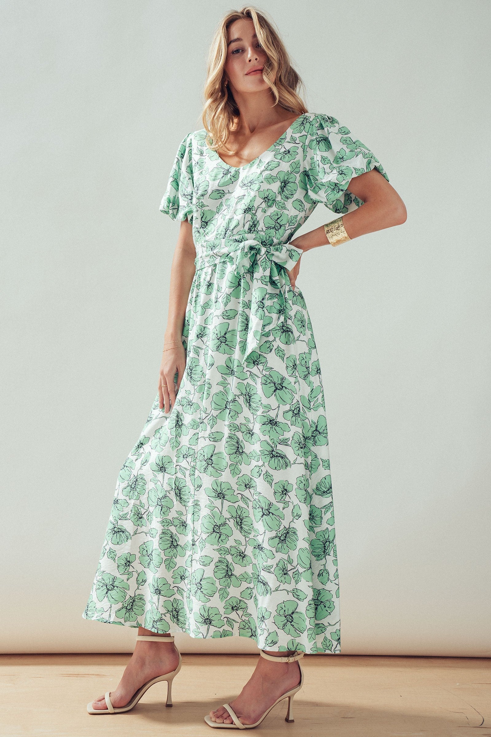 Green Floral Puff Sleeve Midi Dress