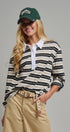 Striped Rugby Polo Long Sleeve Knit Top with Contrast Collar in IVORY BLACK - Women's T-Shirts & Polos | Urban Daizy