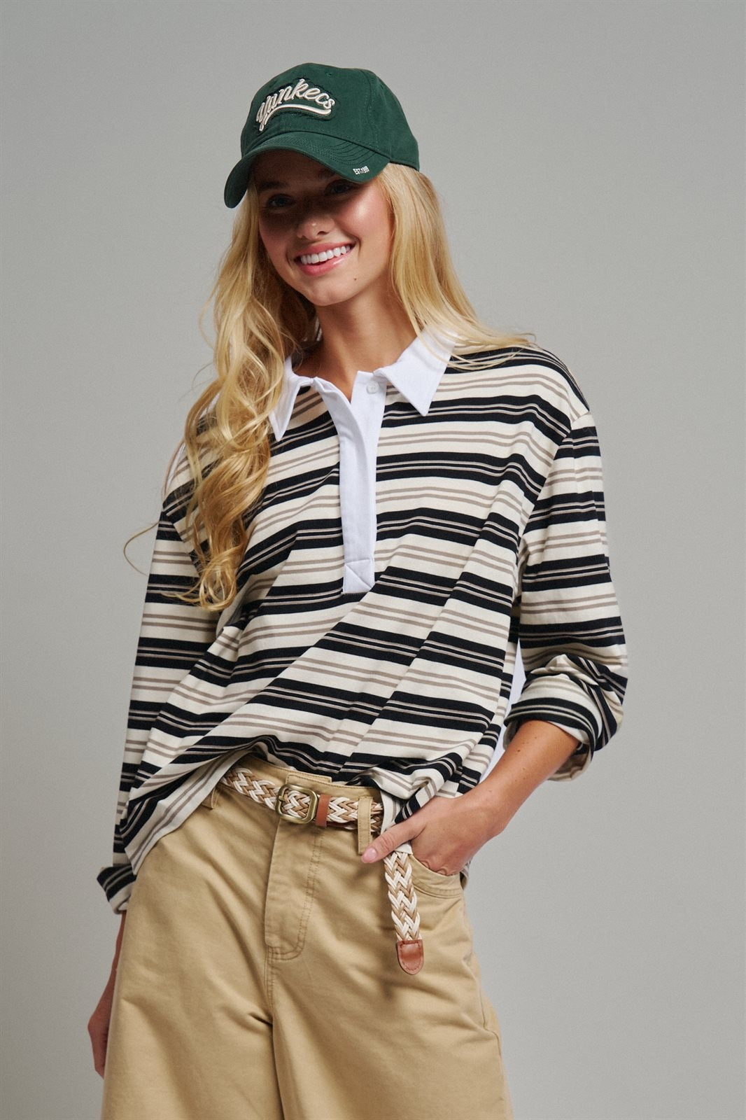 Striped Rugby Polo Long Sleeve Knit Top with Contrast Collar in IVORY BLACK - Women's T-Shirts & Polos | Urban Daizy
