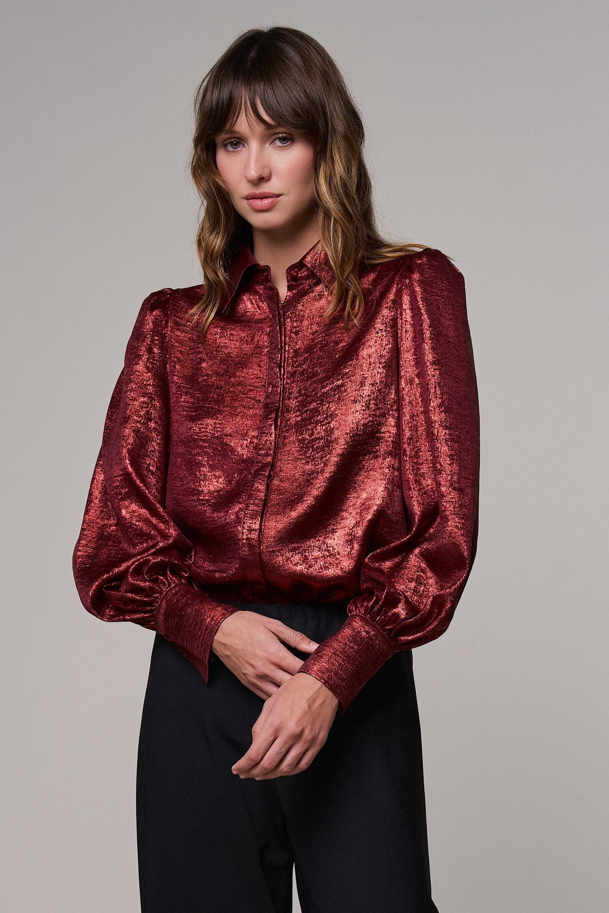 Metallic Shimmer Button Down Blouse with Puff Sleeves in BURGUNDY - Women's Shirts & Blouses | Urban Daizy