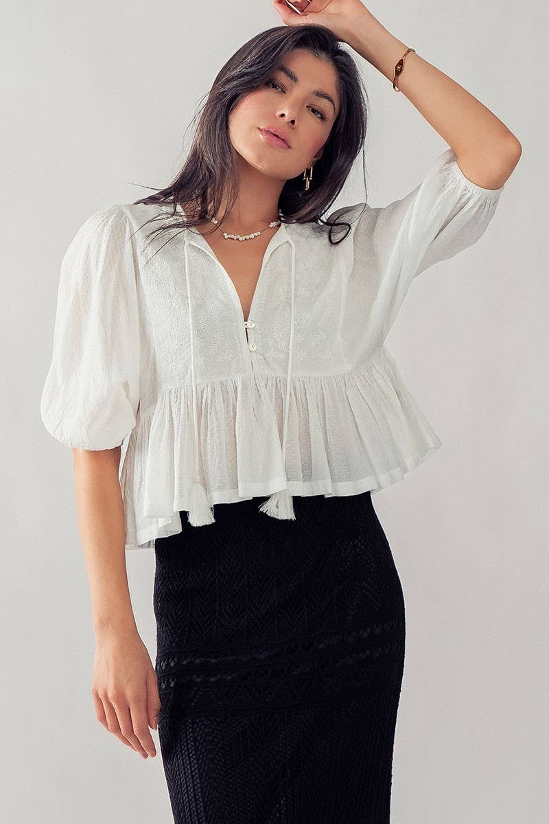 Urban Daizy Boho Embroidered Puff Sleeve Ruffle Blouse White Blouse - Women's (UDZ-TP-00705) – alternate view 20