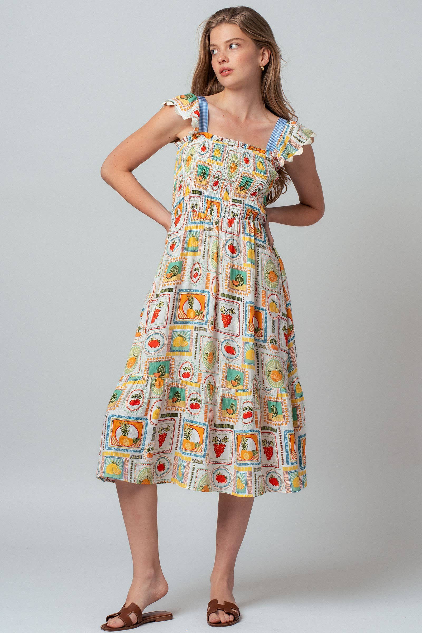 Novelty Stamp Print Smocked Midi Dress