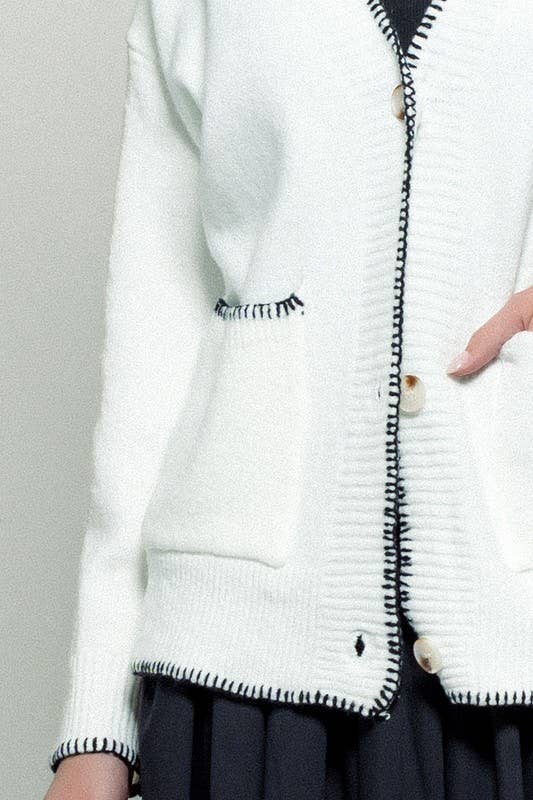 Urban Daizy Contrast Stitch Button Front Relaxed Knit Cardigan Ivory Cardigan - Women's (UDZ-KN-00413) – alternate view 4