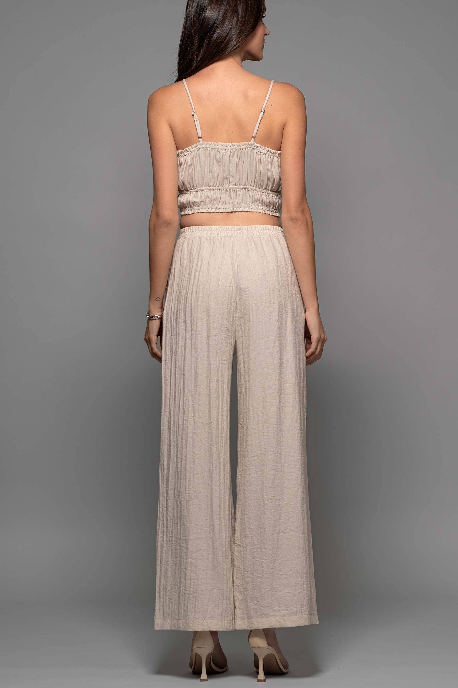 Linen-Blend Smocked Crop Top and Wide-Leg Pants Set