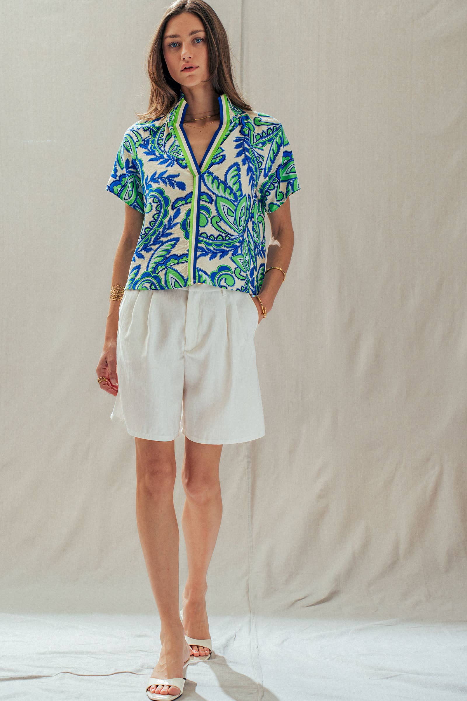 Paisley Smocked High-Neck V-Neck Blouse