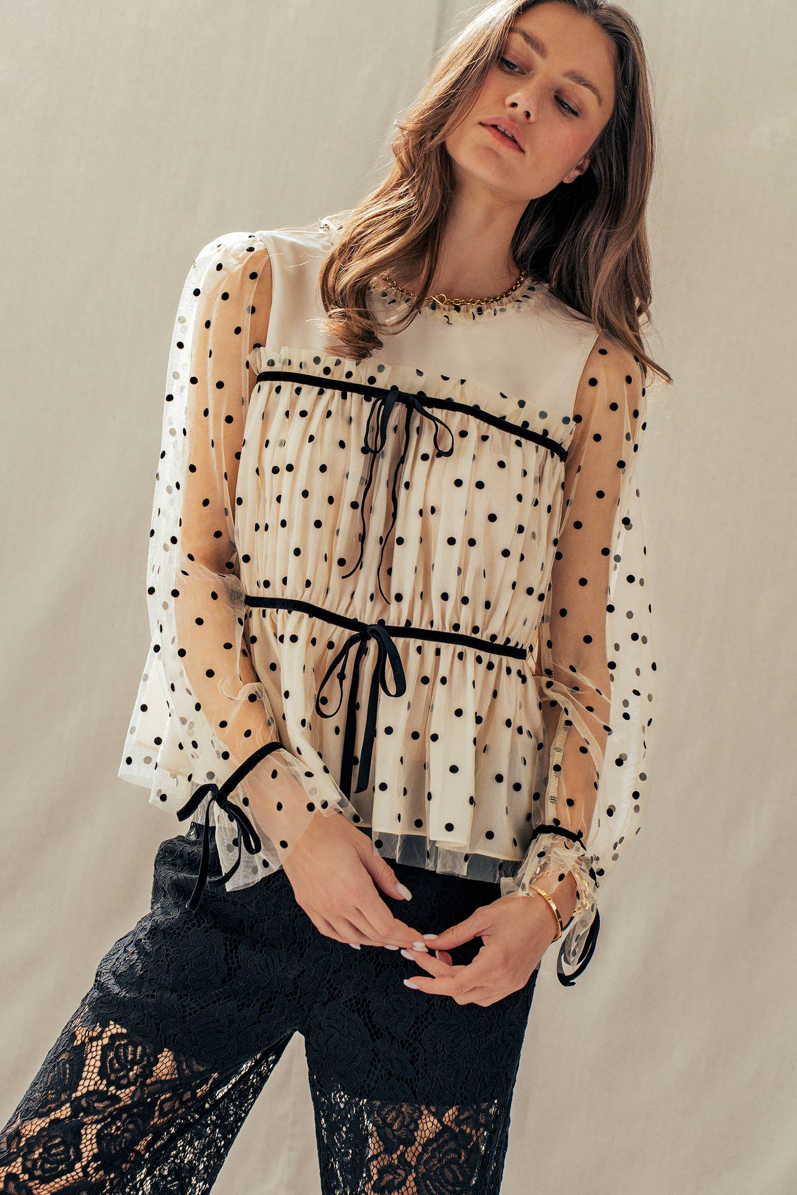 Urban Daizy Polka Dot Mesh Babydoll Top Velvet Bow Tie Ivory-Black Blouse - Women's (UDZ-TP-01052) – alternate view 9