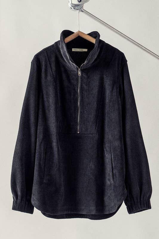 Urban Daizy Corduroy Funnel Neck Half Zip Pullover Top Black Tunic - Women's (UDZ-OT-00138)