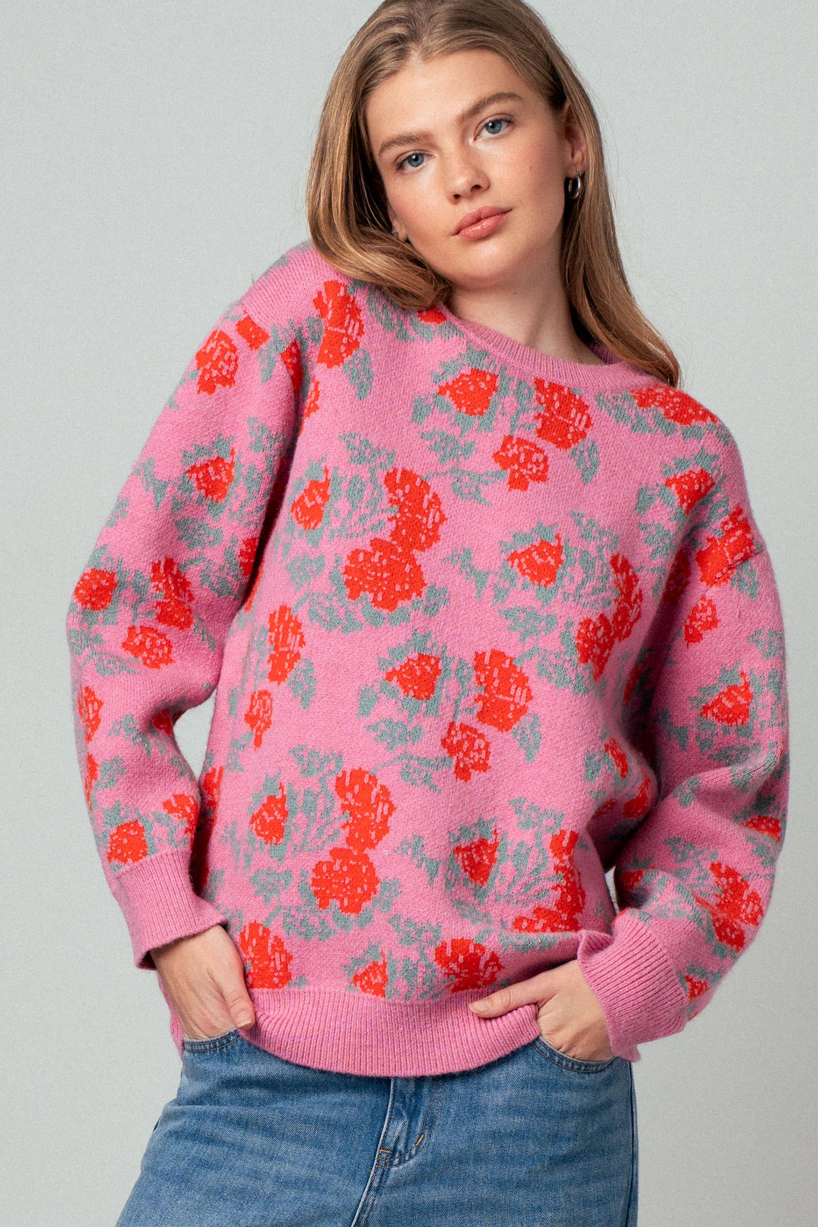 Urban Daizy Oversized Floral Jacquard Knit Sweater Pink-Red Knit Sweater - Women's (UDZ-DR-00392)