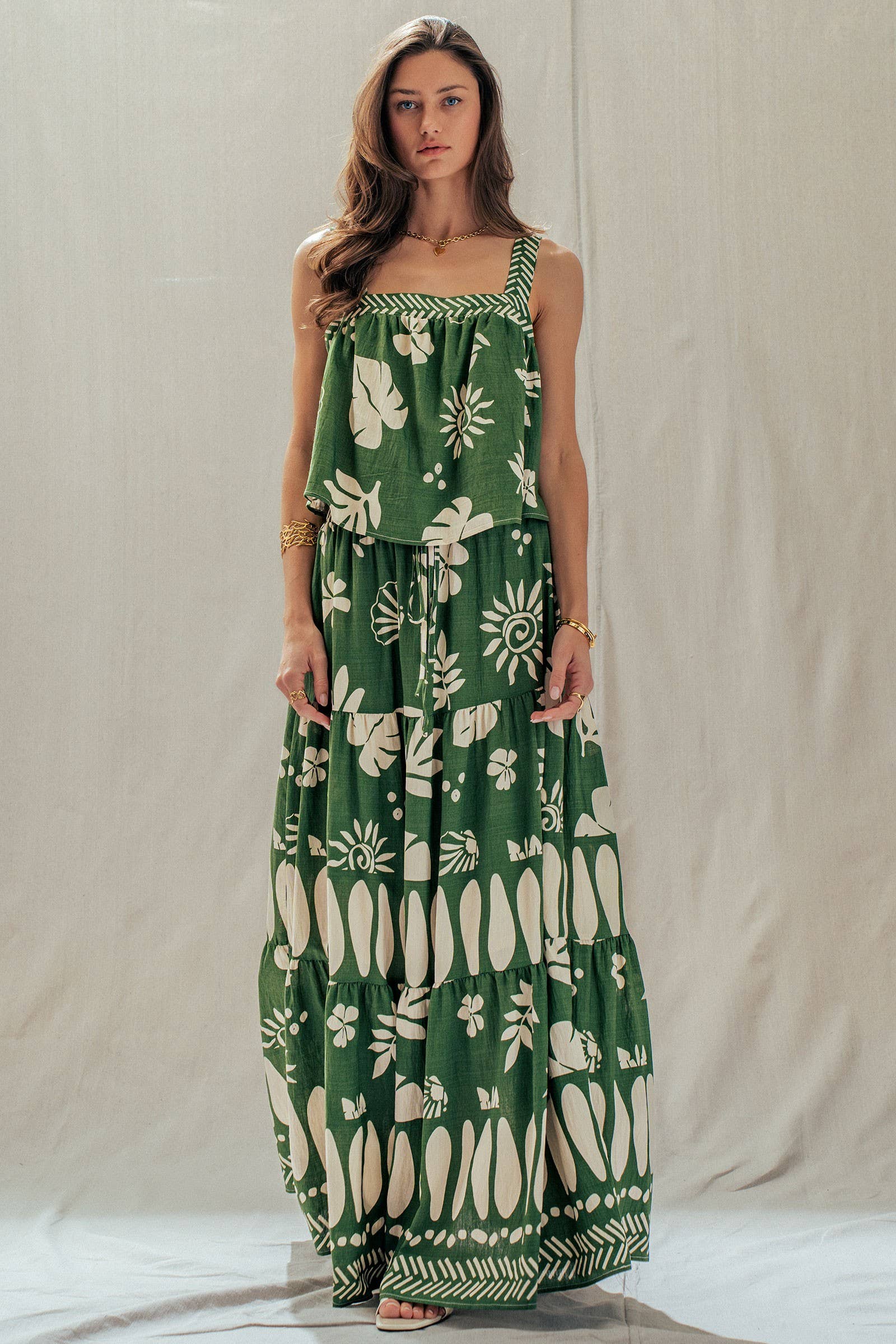 Urban Daizy Tropical Print Tiered Maxi Skirt Set Green Top & Skirt Set - Women's (UDZ-AC-00244-Green)
