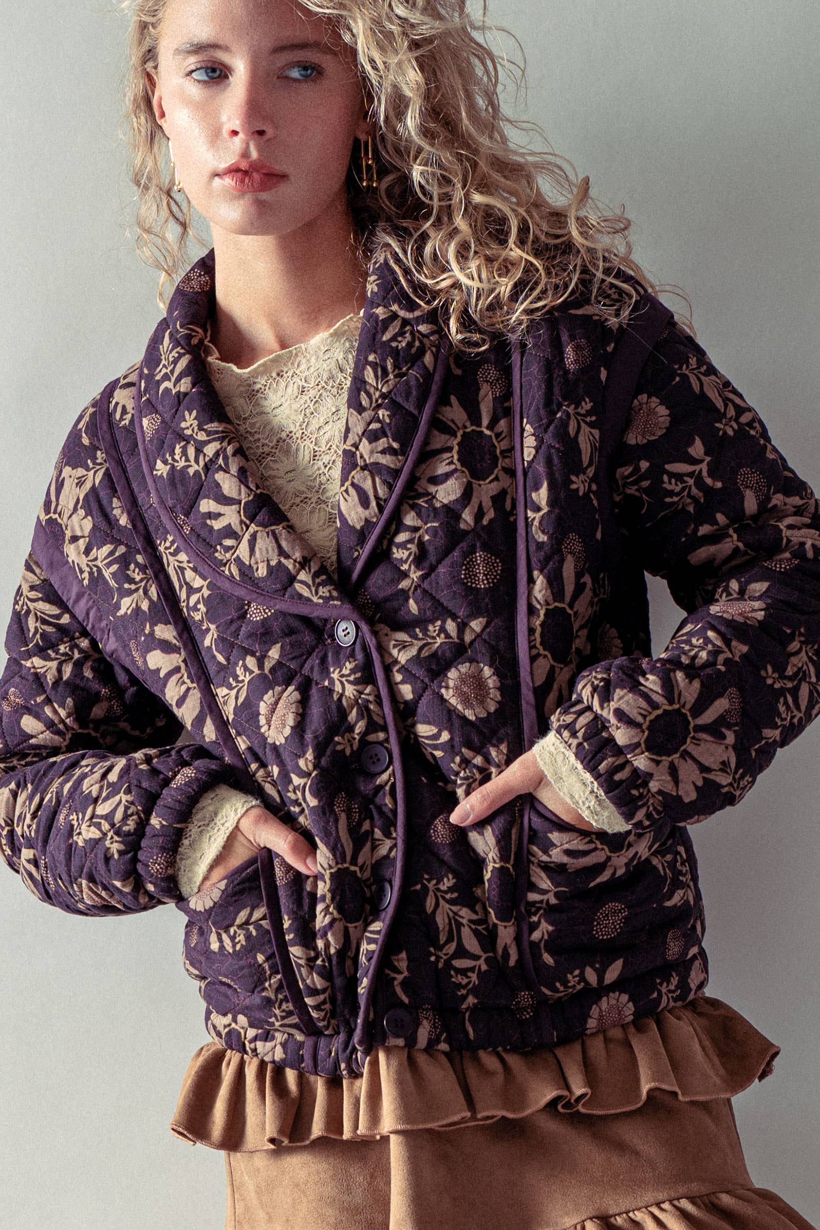 Quilted Floral Shawl Collar Jacket