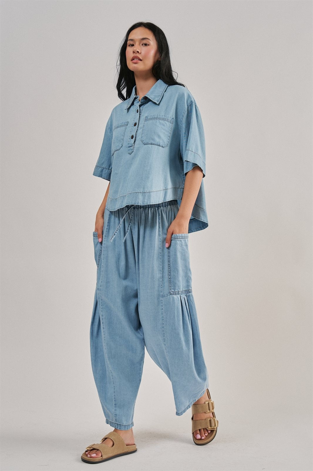 Washed Utility Wide-Leg Pants in CHAMBRAY - Women's Casual Pants | Urban Daizy