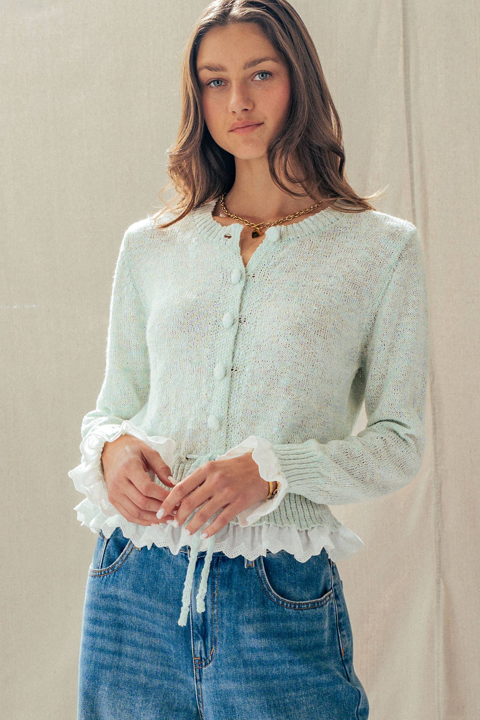 Eyelet Trim Peplum Drawstring Cardigan