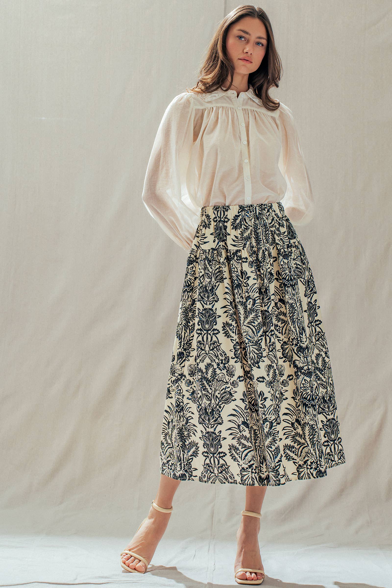 Urban Daizy Botanical Print Cotton Midi Skirt with Pockets Ivory-Black Skirt - Women's (UDSK0102) – alternate view 11