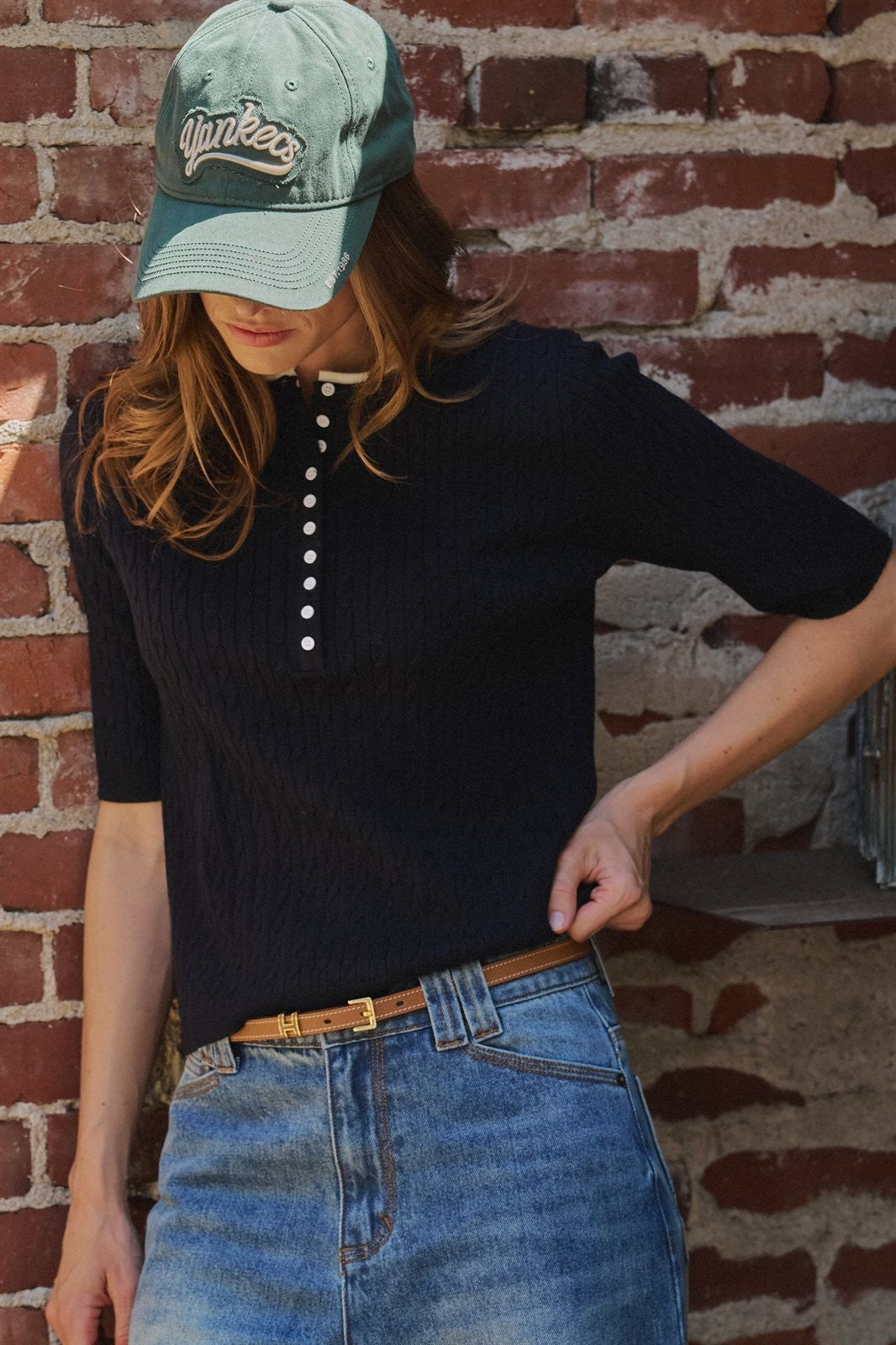 Wool Blend Cable Knit Henley with Contrast Neckline in NAVY - Women's Sweaters | Urban Daizy