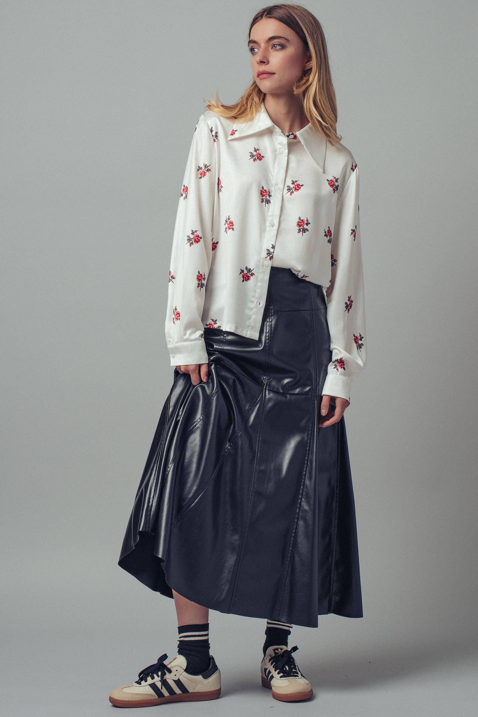 Rose Print Satin Button-Up Blouse