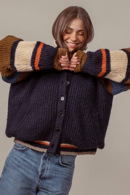 Urban Daizy Chunky Rib-Knit Faux Fur Lined Cardigan Navy Cardigan - Women's (UDZ-KN-00652) – alternate view 11