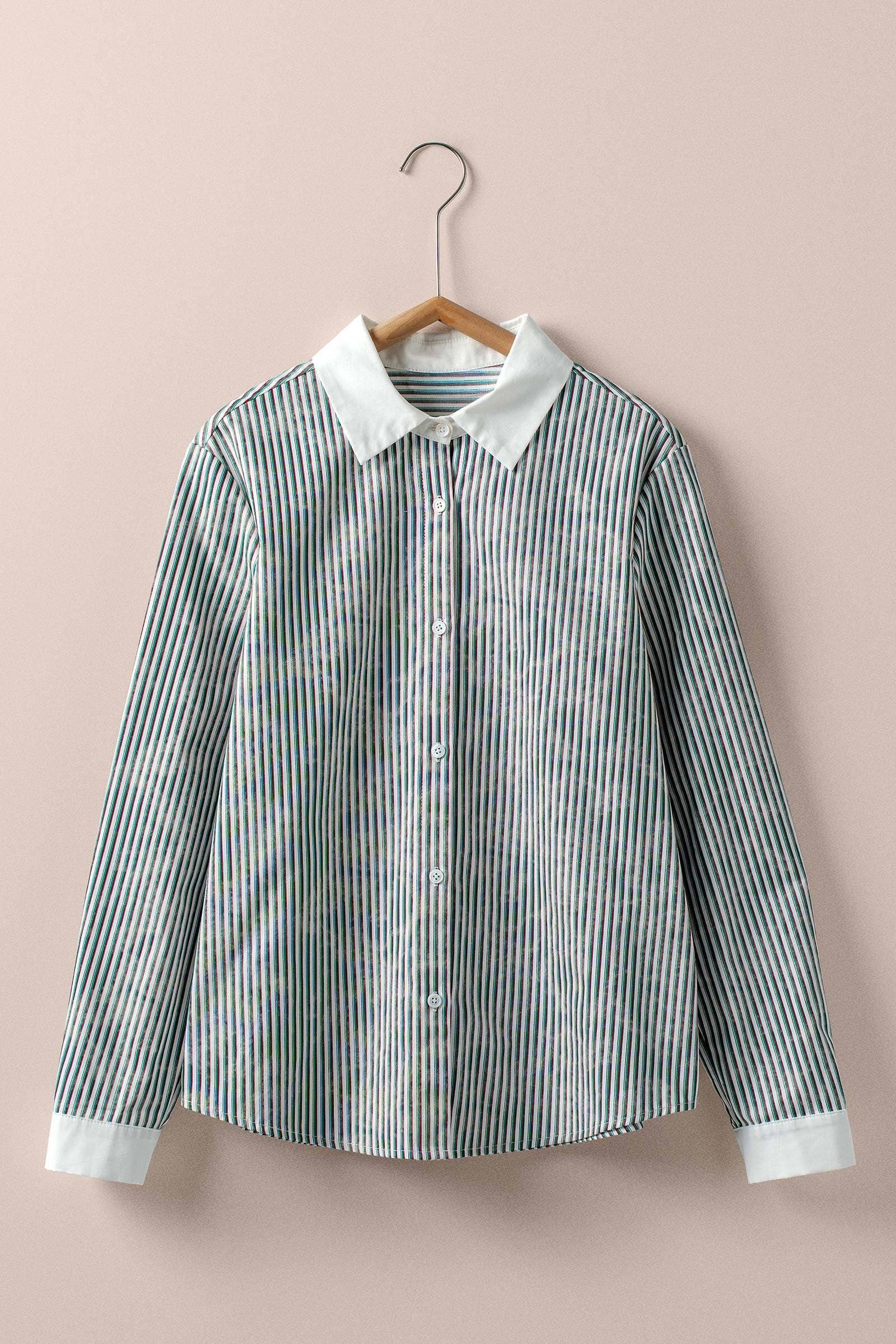 Contrast Collar Multi Stripe Button Down Shirt