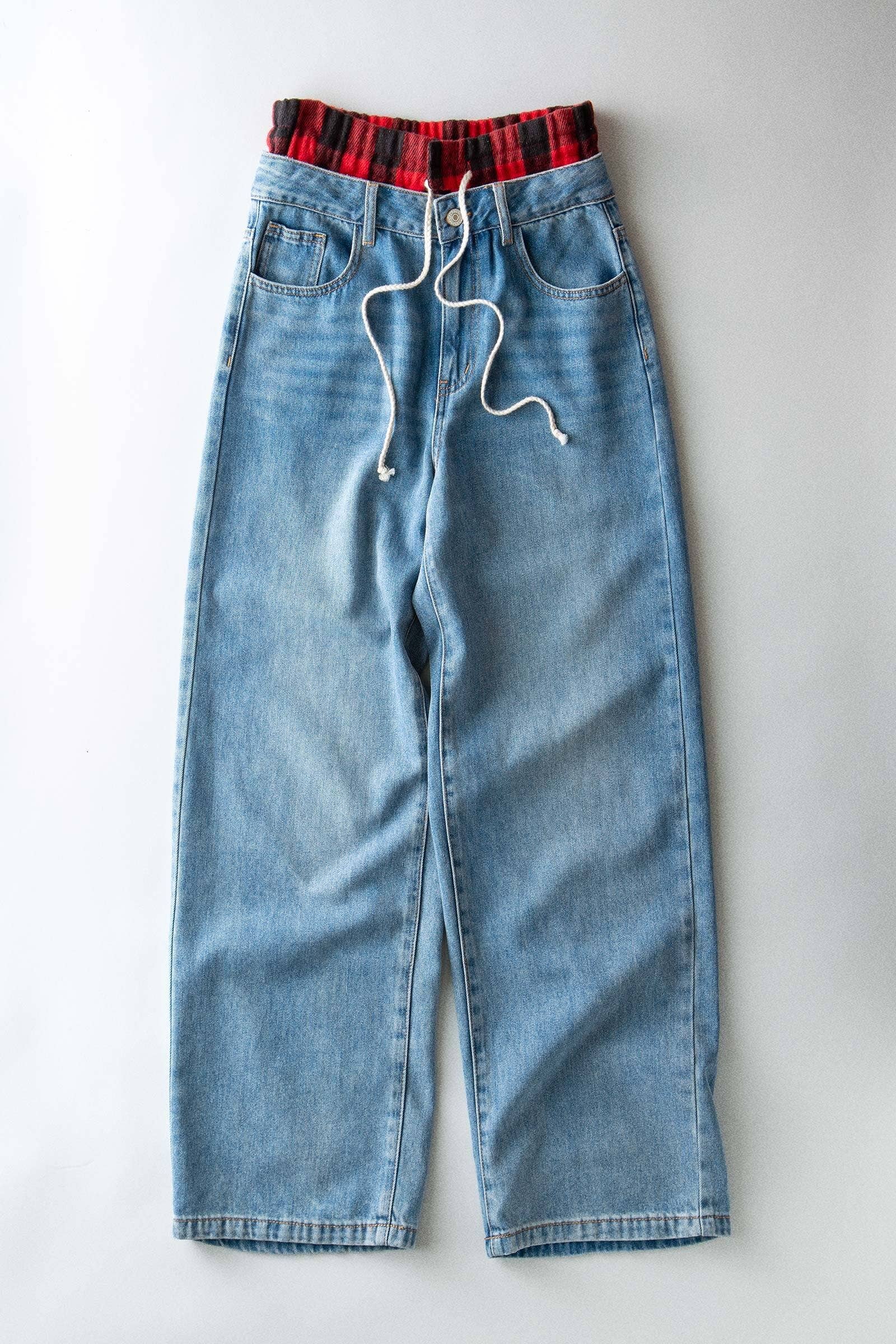 Flannel Waistband Contrast Drawstring Denim Pants