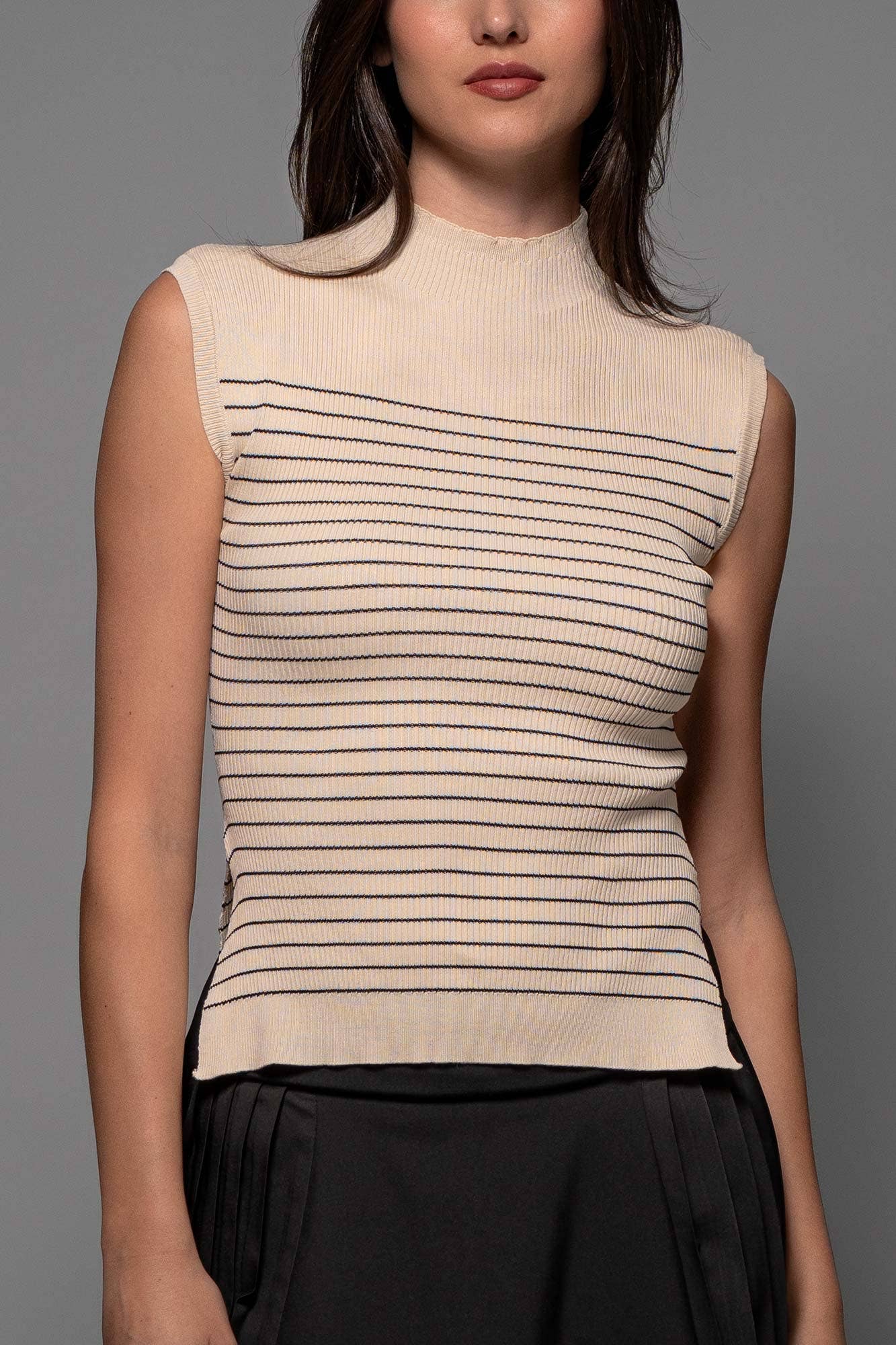 Urban Daizy Striped Ribbed Mock Neck Sleeveless Top Lt-Khaki Knit Top - Women's (UDZ-PT-00352)
