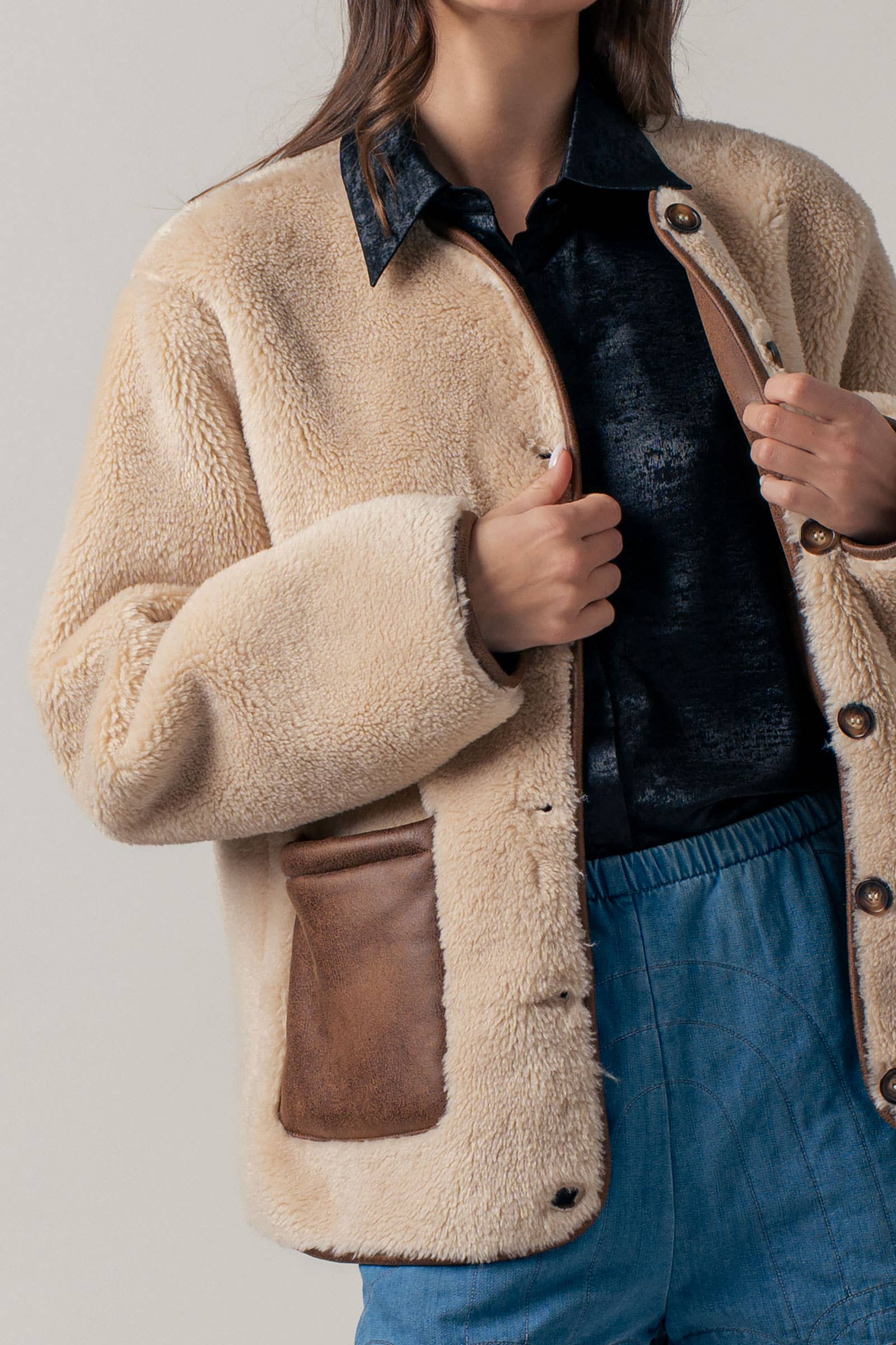 Faux Shearling Jacket with Suede Pockets