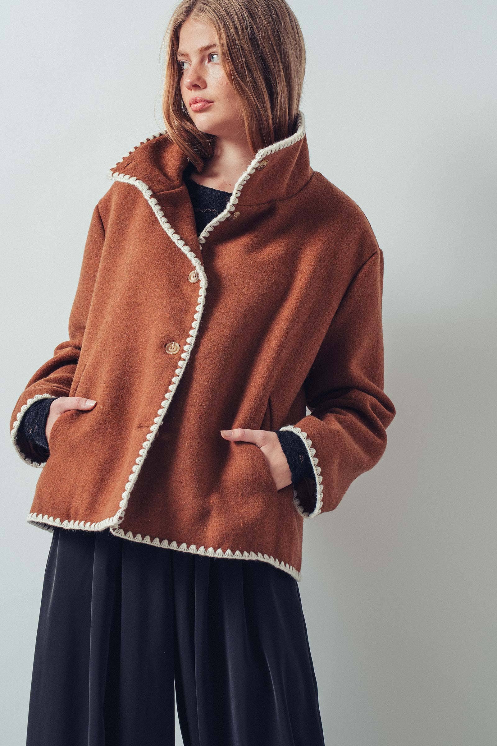 Embroidered Trim Wool-Blend Jacket