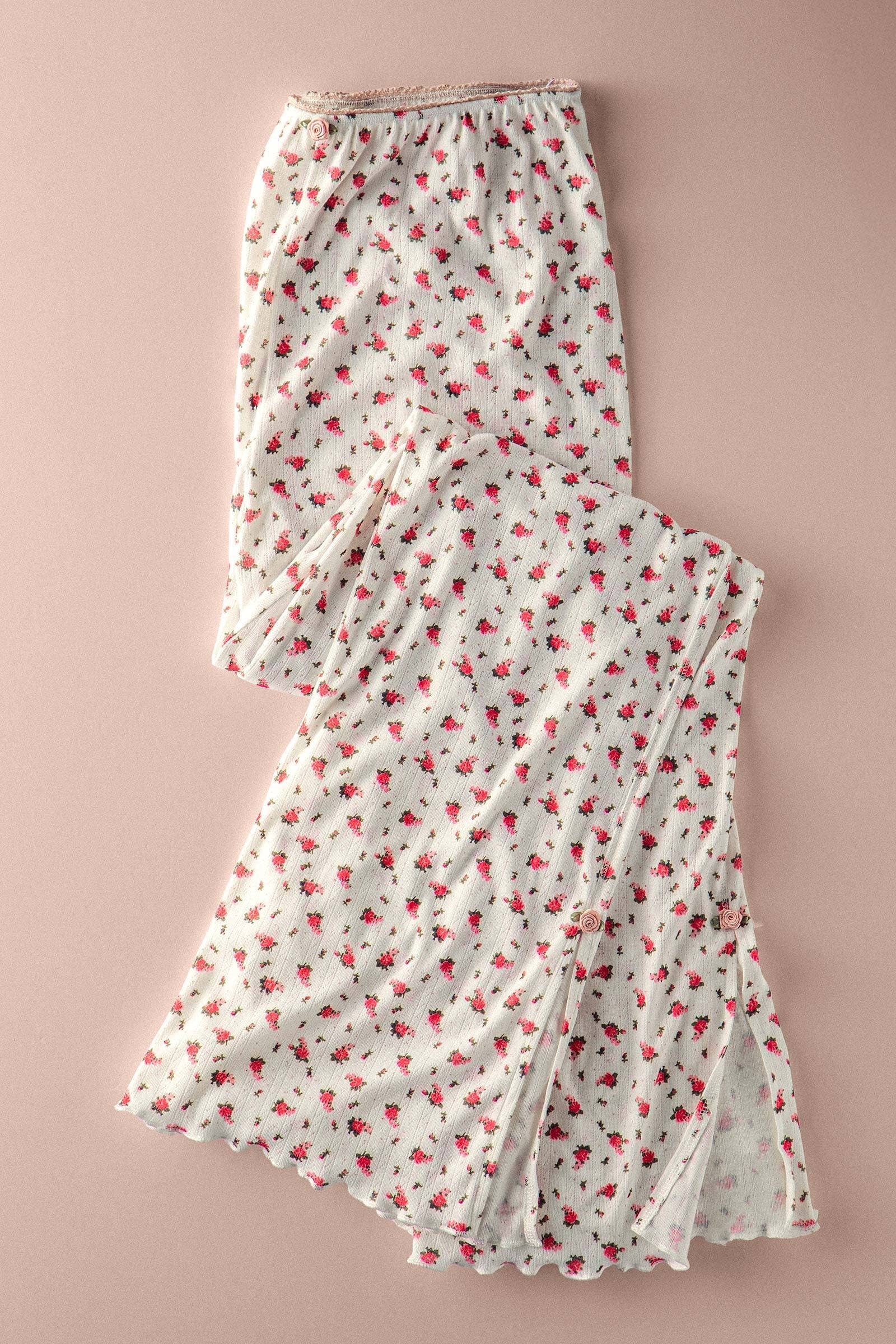 Urban Daizy Rose Print Wide-Leg Lounge Pants Ivory Lounge Sweatpants/Joggers - Women's (UDZ-PT-00470)