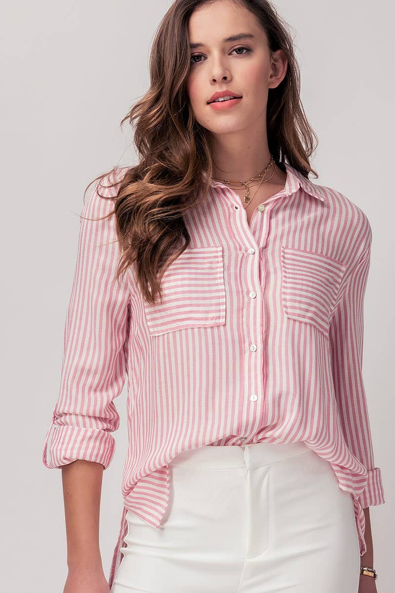Relaxed Fit Vertical Striped Rayon Button Down Shirt