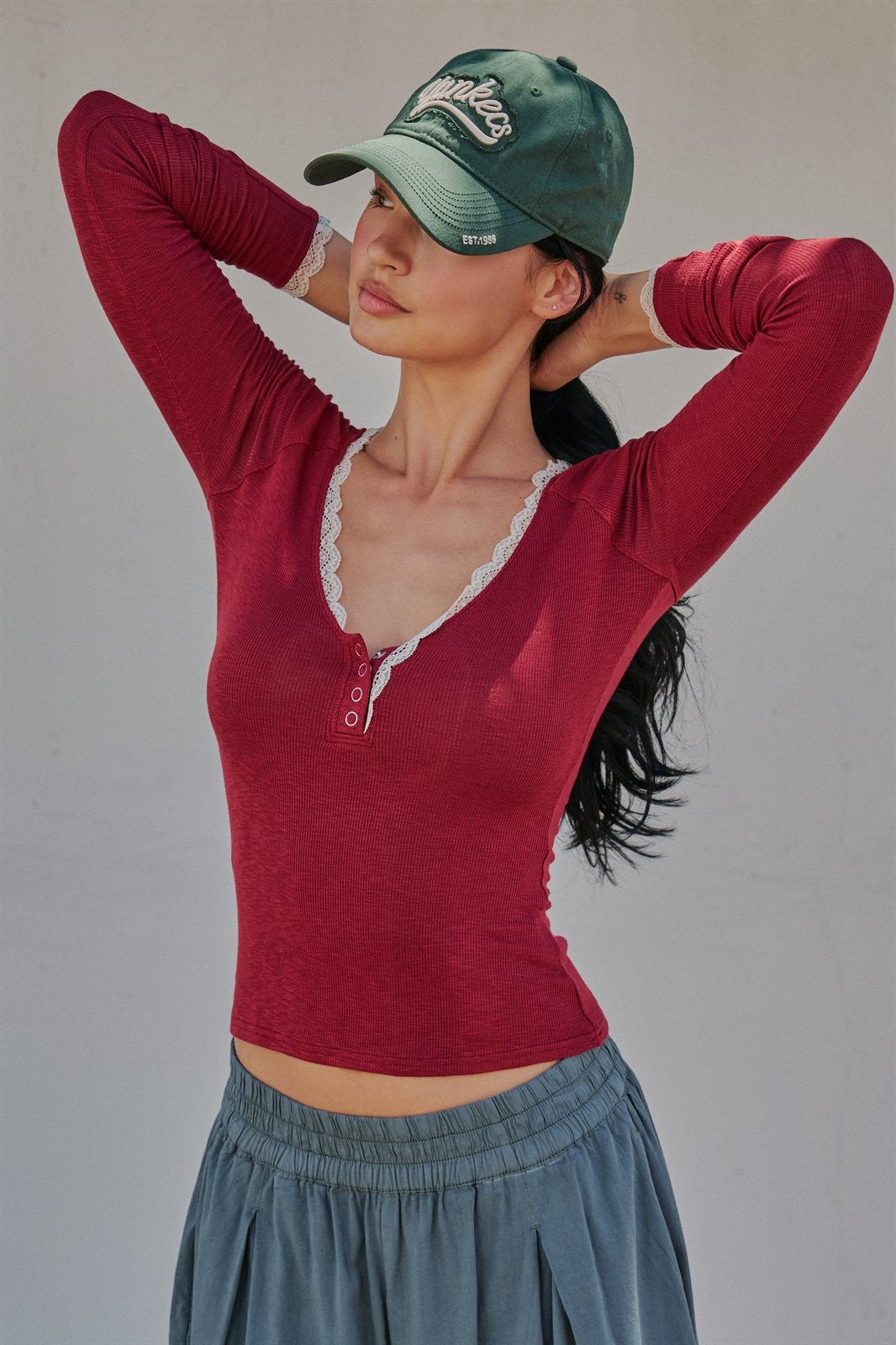 Lace Trim Slub Knit Henley Long Sleeve Top | wholesale knit top - women's | Urban Daizy