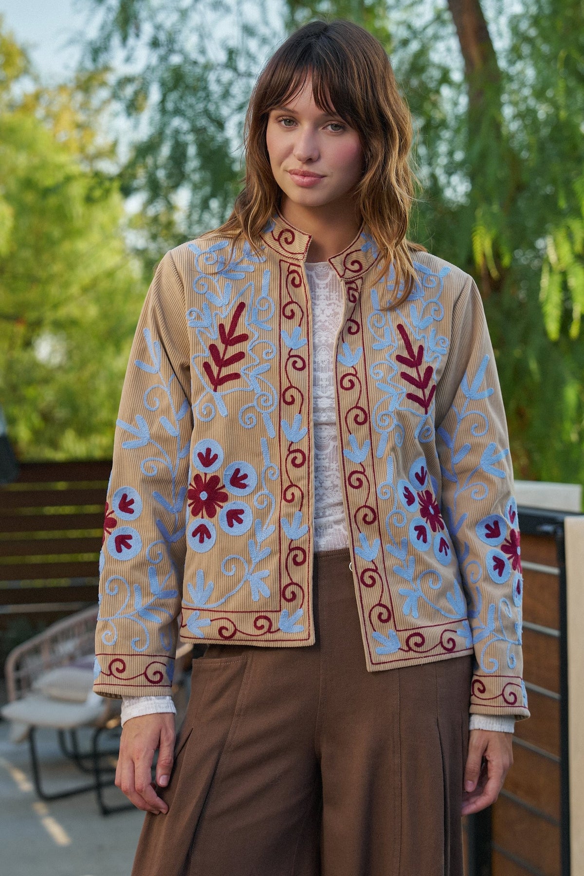 Embroidered Corduroy Jacket with Folk Floral Scroll in KHAKI - Women's Jackets & Blazers | Urban Daizy
