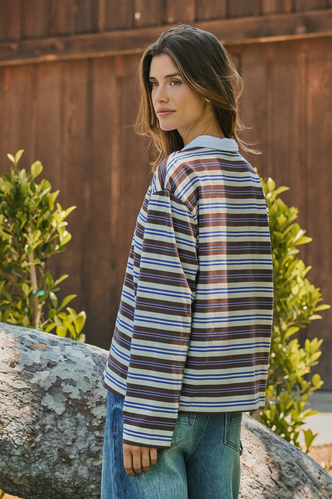 Striped Rugby Polo Long Sleeve Knit Top with Contrast Collar in IVORY BROWN - Women's T-Shirts & Polos | Urban Daizy