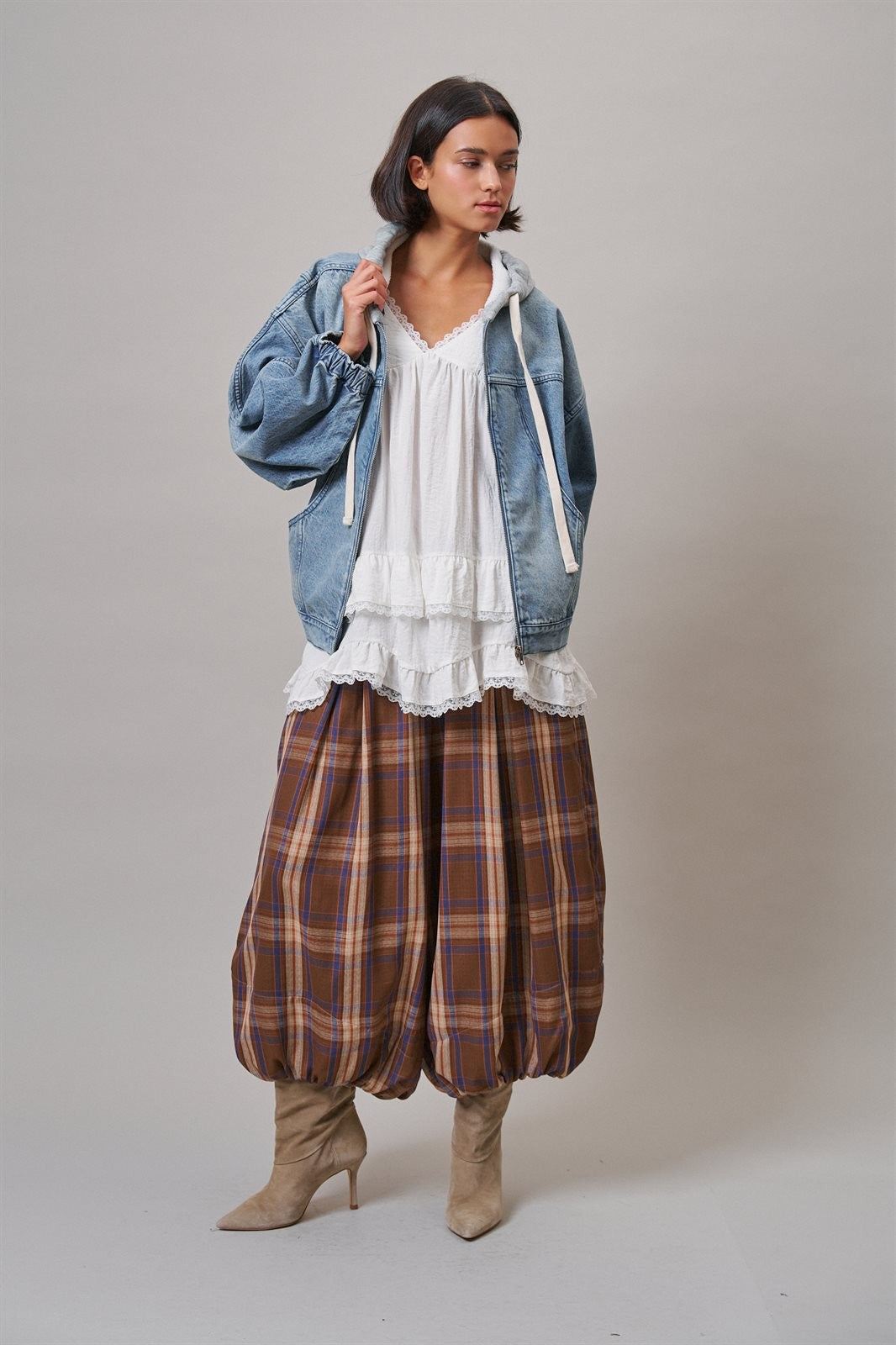 Hooded Denim Zip Up Jacket with French Terry Hood in DENIM - Women's Jackets & Blazers | Urban Daizy