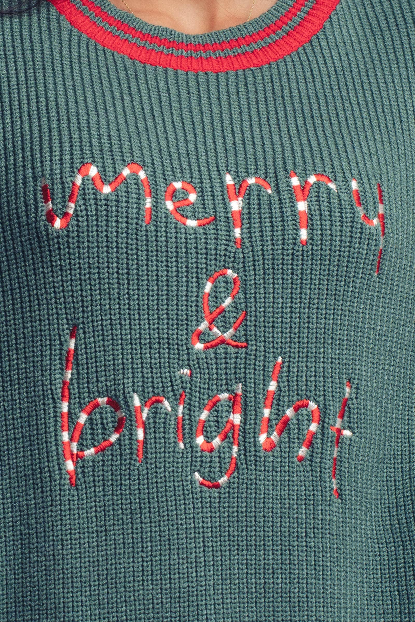 "Merry & Bright" Graphic Sweater with Striped Trim