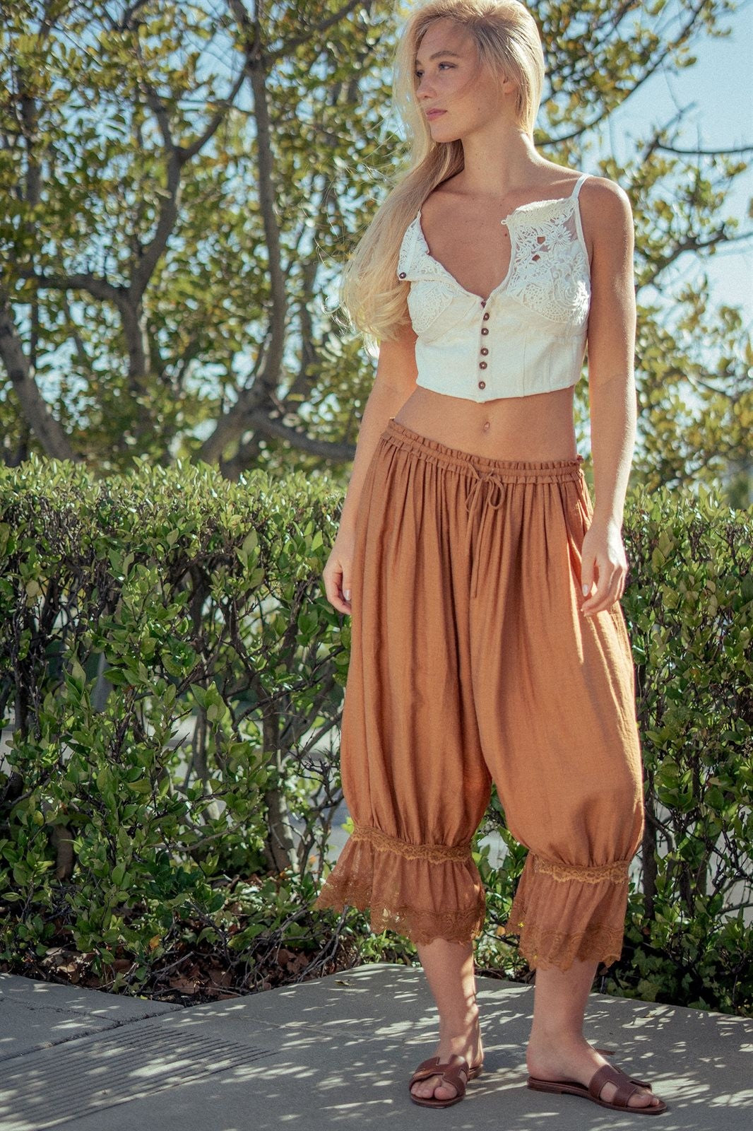 Boho Lace Trim Summer Linen Pants in BROWN - Women's Pants | Urban Daizy