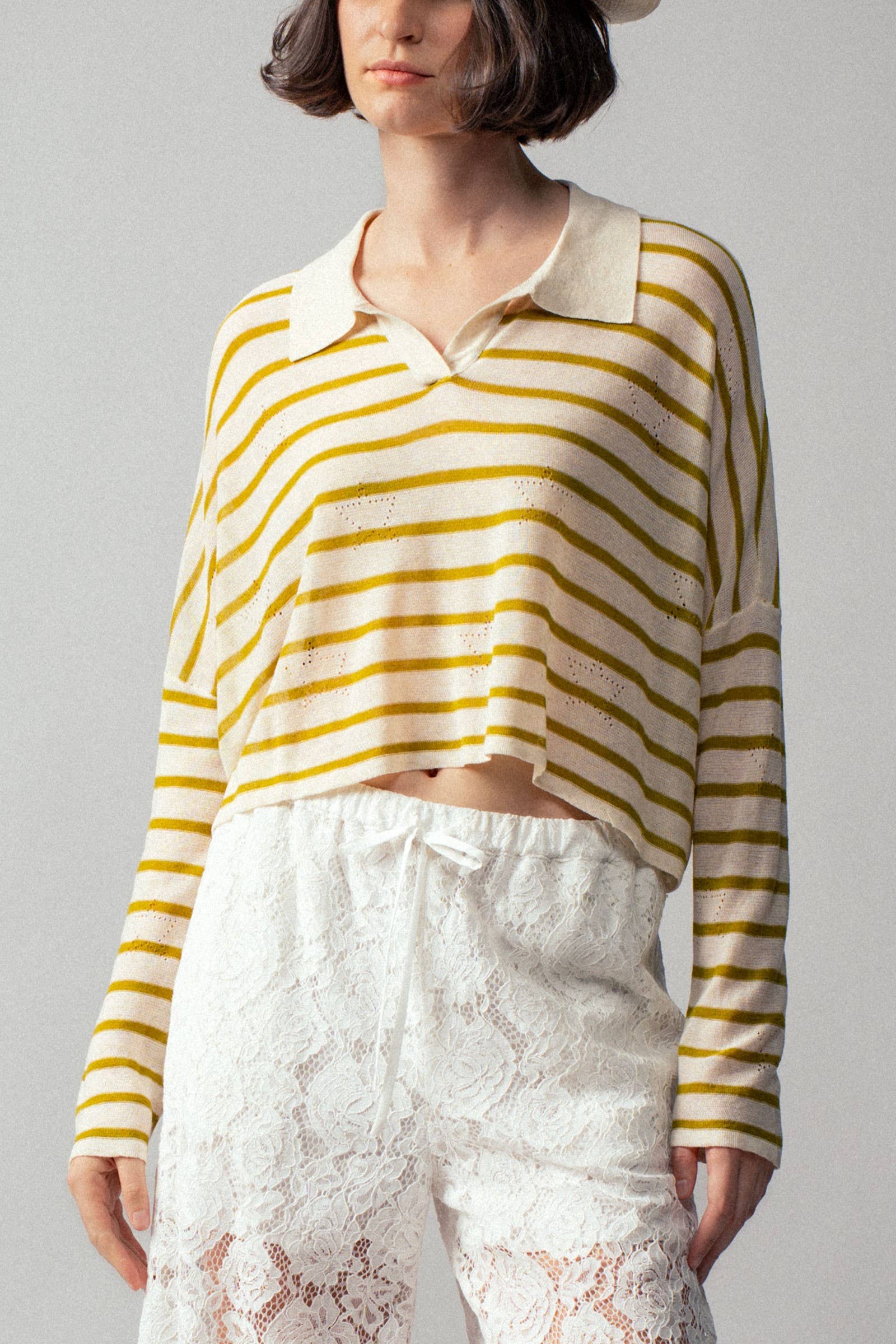 Urban Daizy Striped Eyelet Embroidered Cropped Polo Oatmeal Green Polo - Women's (UDZ-TP-00082) – alternate view 3