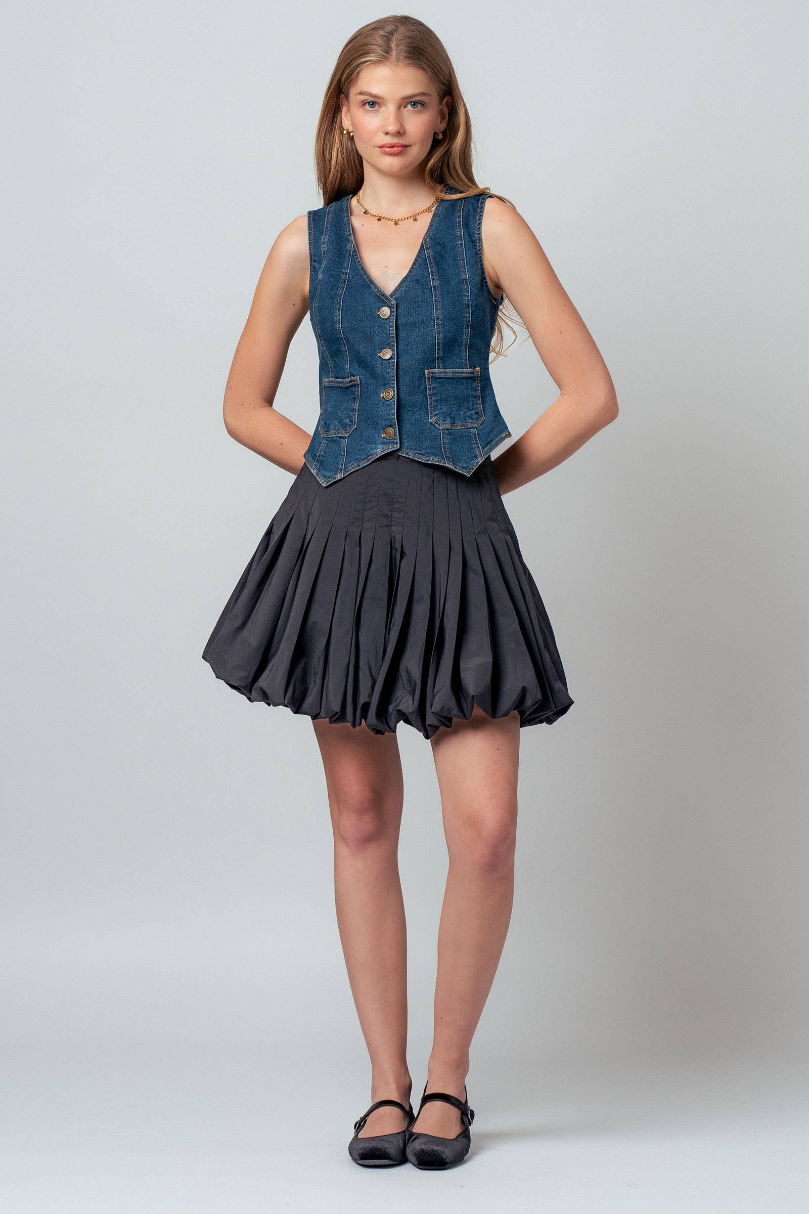 Fitted V-Neck Button-Front Denim Vest