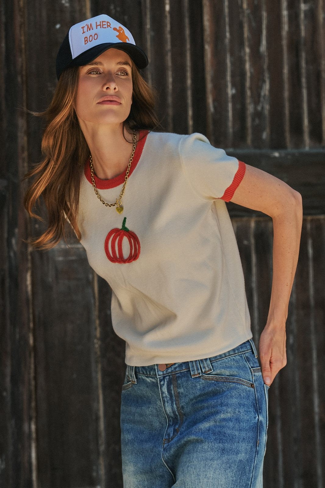 Pumpkin Embroidered Crew Neck Knit Tee in IVORY - Women's Sweaters | Urban Daizy